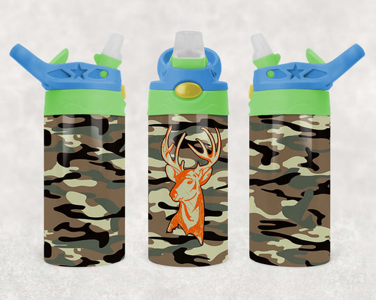 Camo Deer Head - Children's Tumbler, Kid's Water Bottle, Water Bottle, Toddler, Stainless Steel Tumbler, Pop-Top