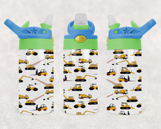 Construction Trucks - Children's Tumbler, Kid's Water Bottle, Water Bottle, Toddler, Stainless Steel Tumbler, Pop-Top