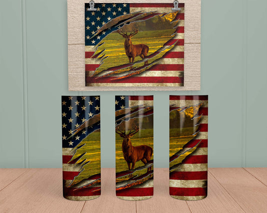 American Flag - Deer - Stainless Steel Tumbler